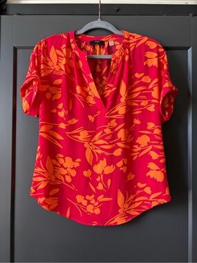 NWT Tahari Red Blouse with Orange Floral Print